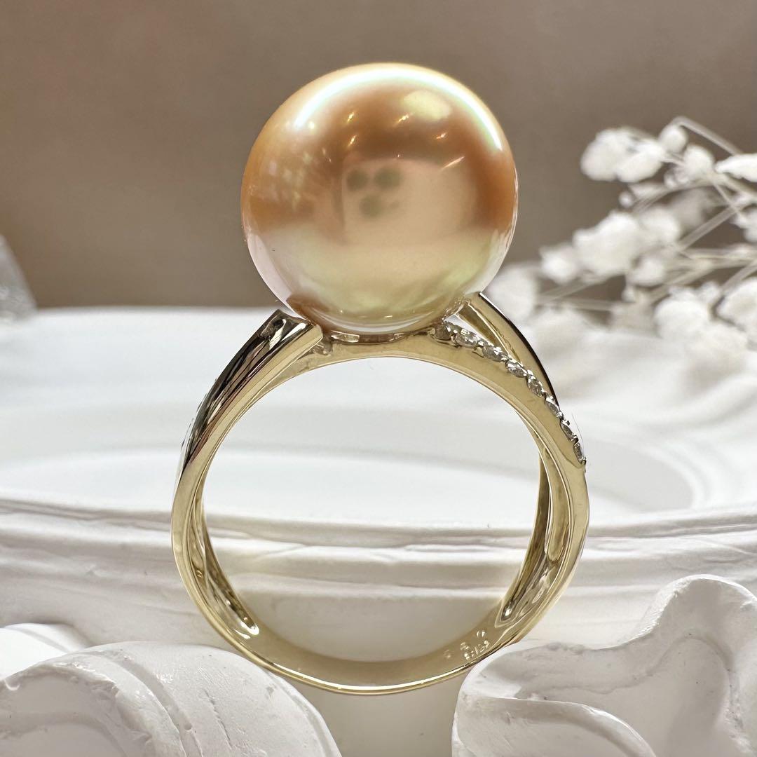【K18】南洋ゴールデンパール 12.4mm リング ダイヤ付