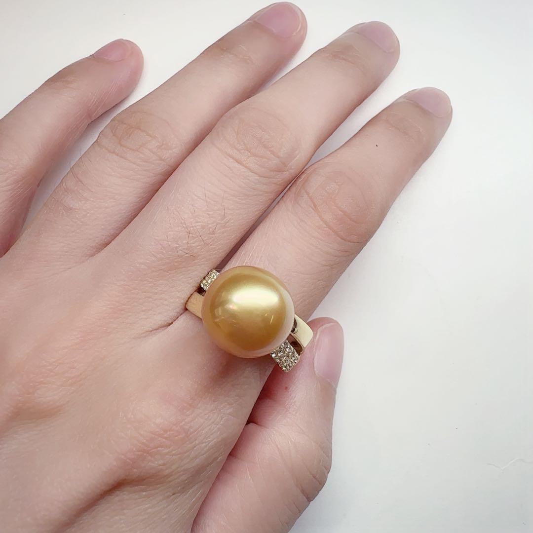 【K18】南洋ゴールデンパール 12.4mm リング ダイヤ付