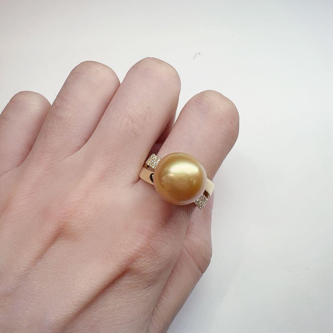【K18】南洋ゴールデンパール 12.4mm リング ダイヤ付