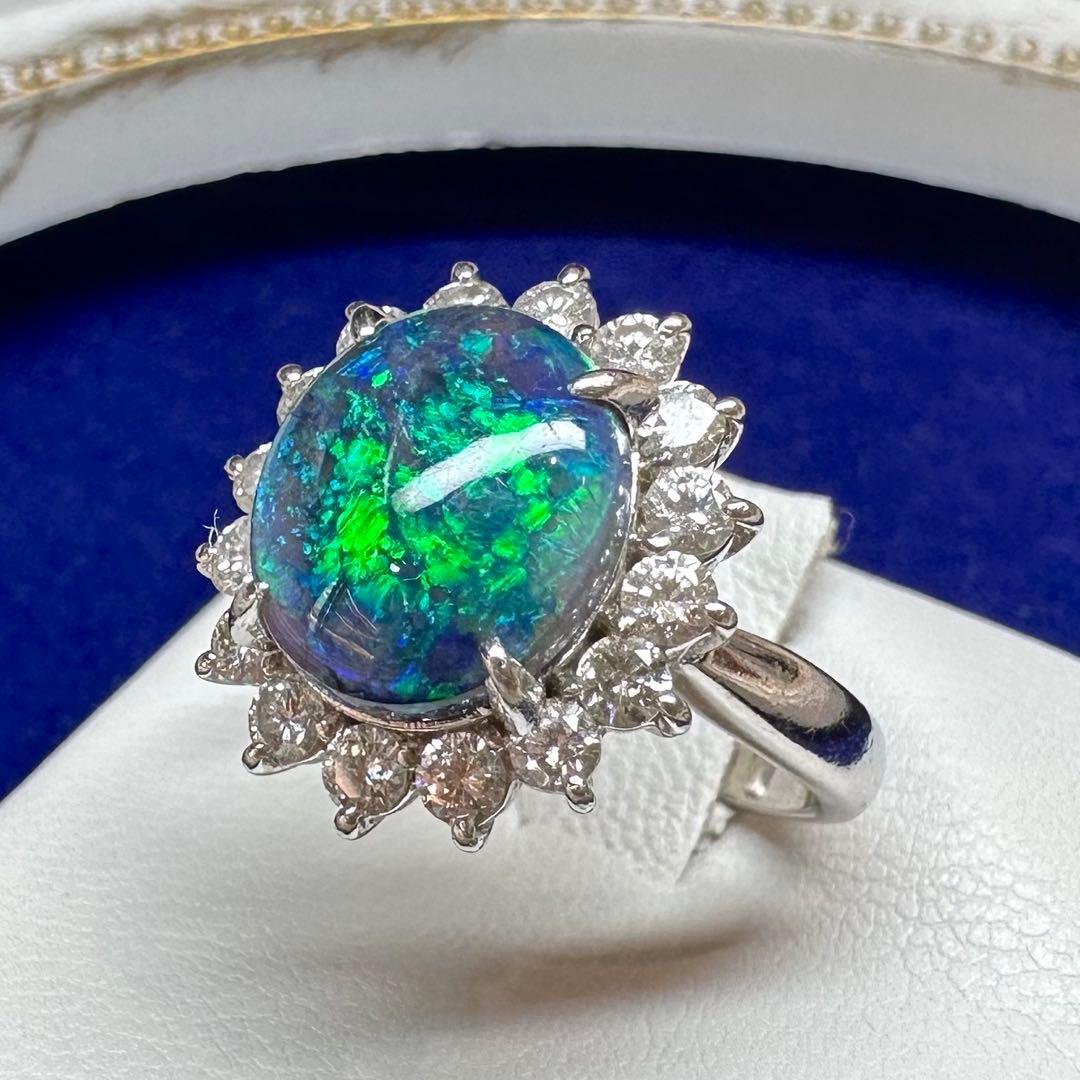 PT900 ブラックオパール 2.54ct ダイヤモンドリング