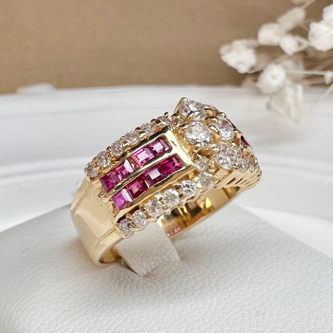 【K18】ダイヤモンド 0.72ct ルビー 0.66ct リング