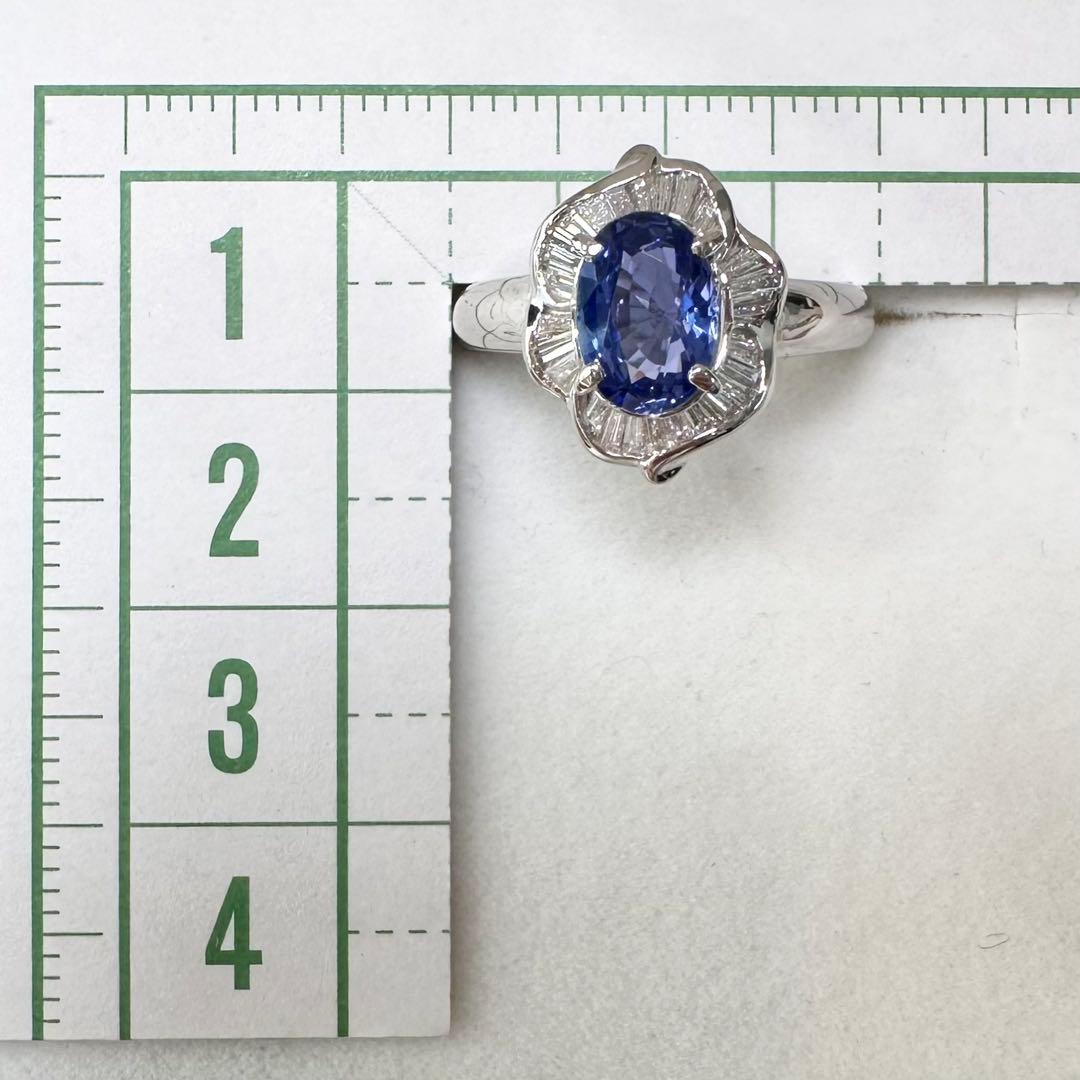 PT850 サファイア1.37ct バゲットダイヤモンド フラワーリング