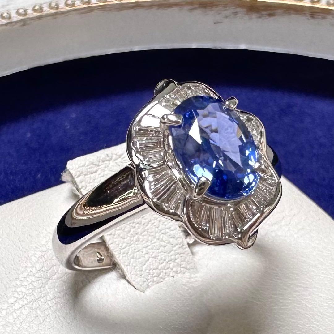 PT850 サファイア1.37ct バゲットダイヤモンド フラワーリング
