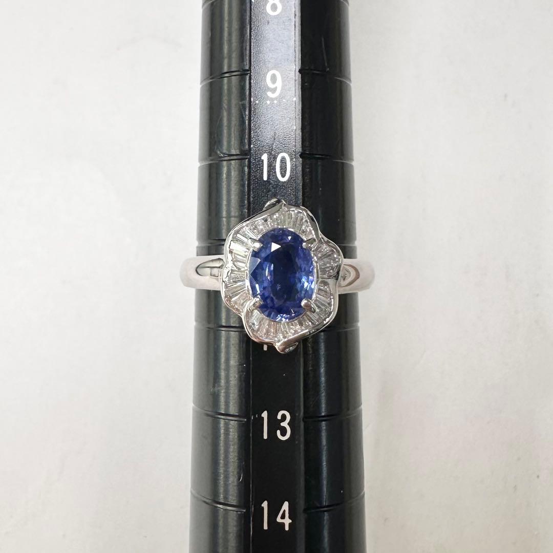 PT850 サファイア1.37ct バゲットダイヤモンド フラワーリング