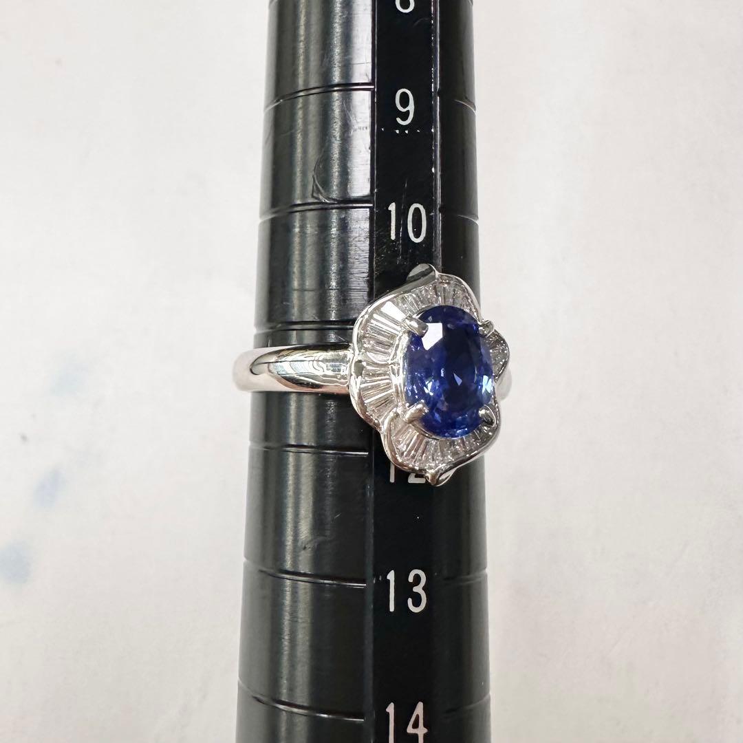 PT850 サファイア1.37ct バゲットダイヤモンド フラワーリング