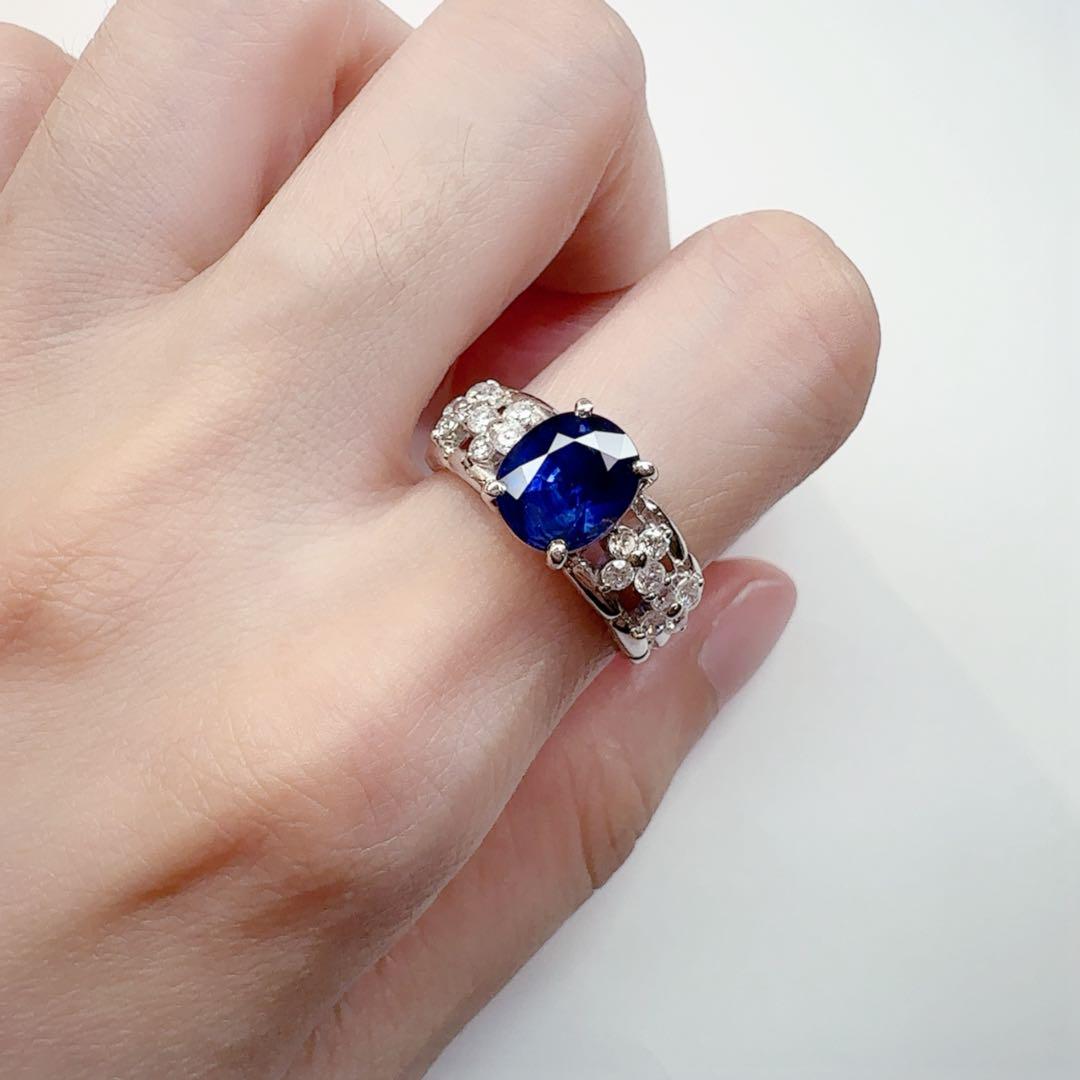 【美品】PT900 サファイア 3.06ct リング 側面にはダイヤ花モチーフ