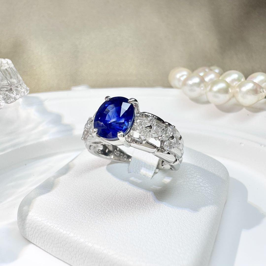 【美品】PT900 サファイア 3.06ct リング 側面にはダイヤ花モチーフ