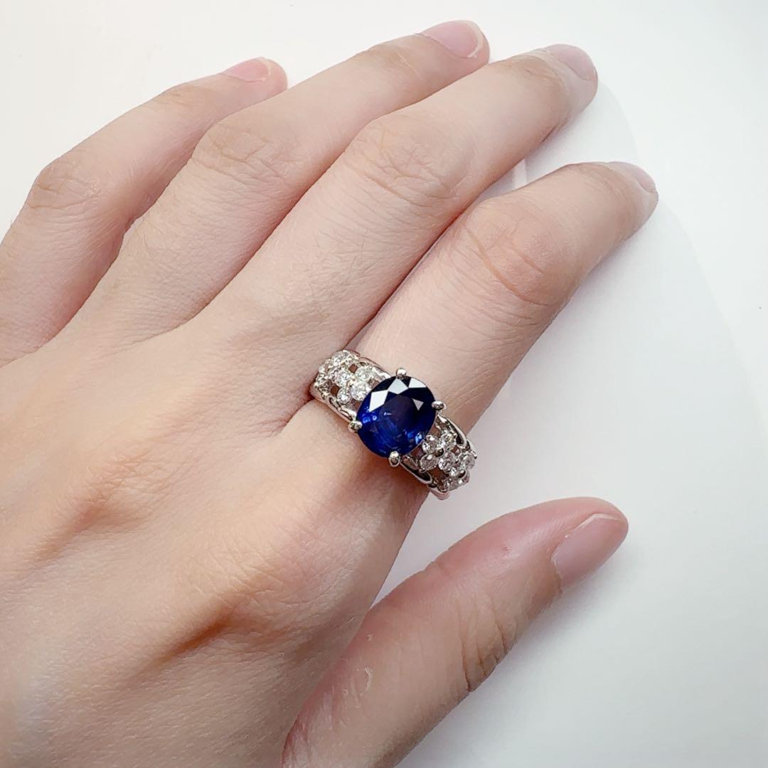 【美品】PT900 サファイア 3.06ct リング 側面にはダイヤ花モチーフ