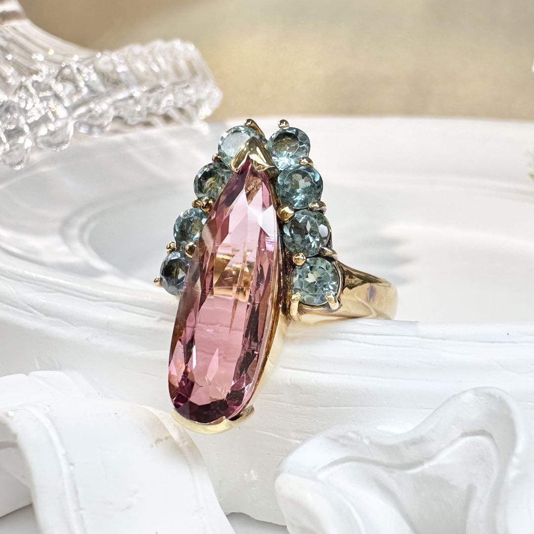 【K18YG】トルマリン 6.30ct リング 個性派バイカラー デザイン