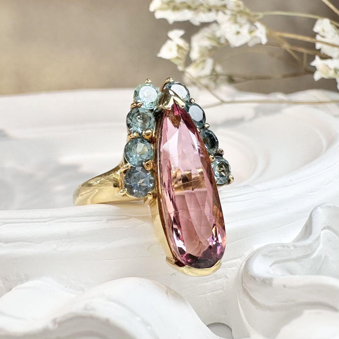 【K18YG】トルマリン 6.30ct リング 個性派バイカラー デザイン