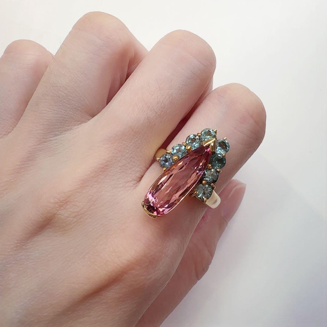 【K18YG】トルマリン 6.30ct リング 個性派バイカラー デザイン