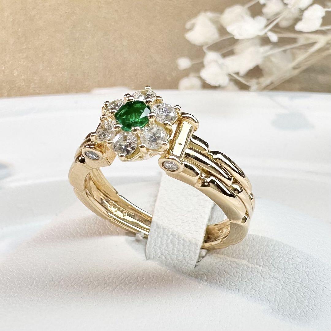 【K18】エメラルド 0.15ct ダイヤモンド リング