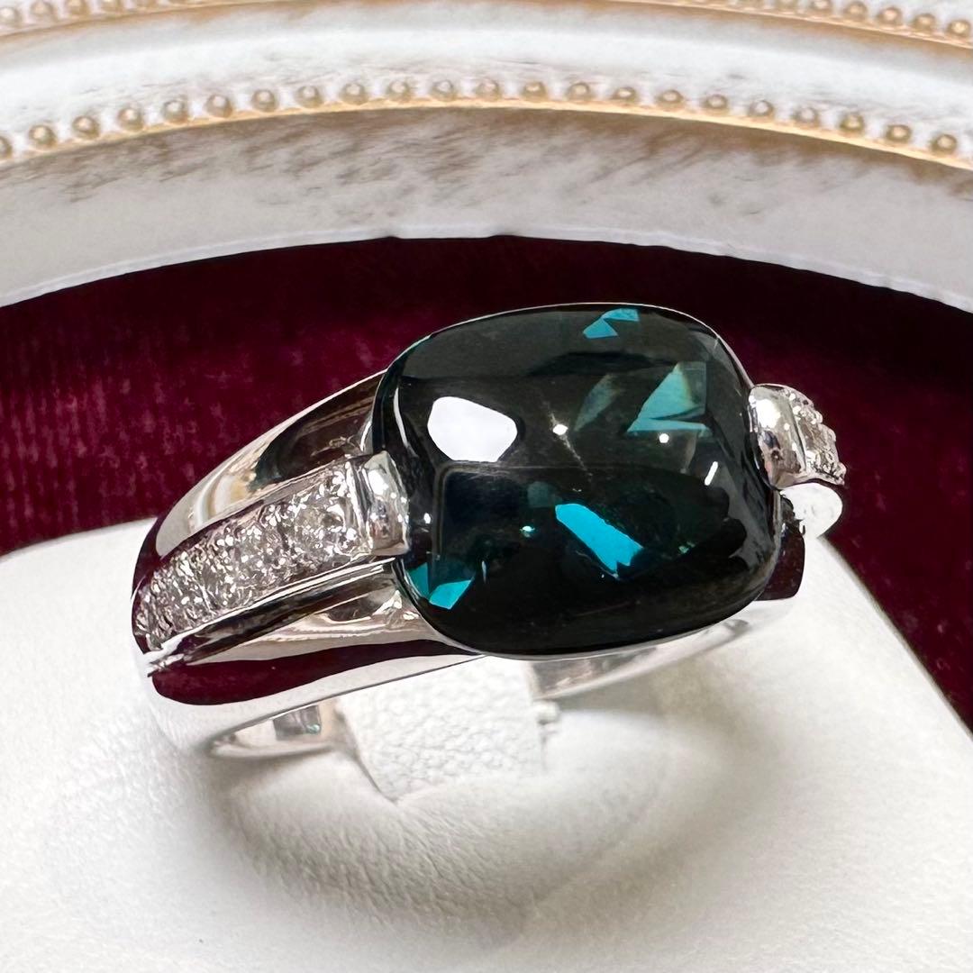 K18WG トルマリン ダイヤモンド リング 4.13ct 大粒 カボション