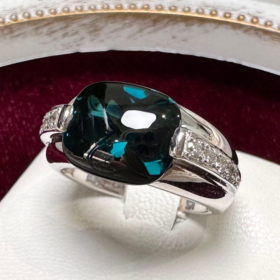 K18WG トルマリン ダイヤモンド リング 4.13ct 大粒 カボション