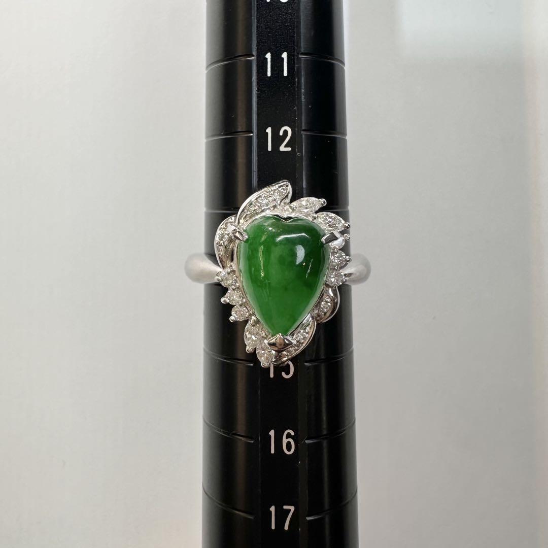 【美品】PT900 天然翡翠 3.27ct ハートシェイプ ダイヤ取巻き
