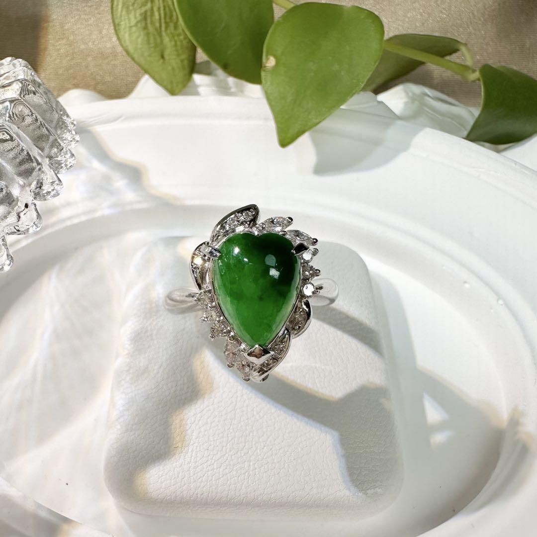 【美品】PT900 天然翡翠 3.27ct ハートシェイプ ダイヤ取巻き