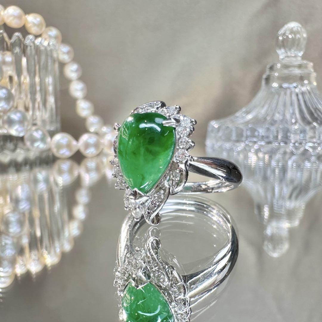 【美品】PT900 天然翡翠 3.27ct ハートシェイプ ダイヤ取巻き
