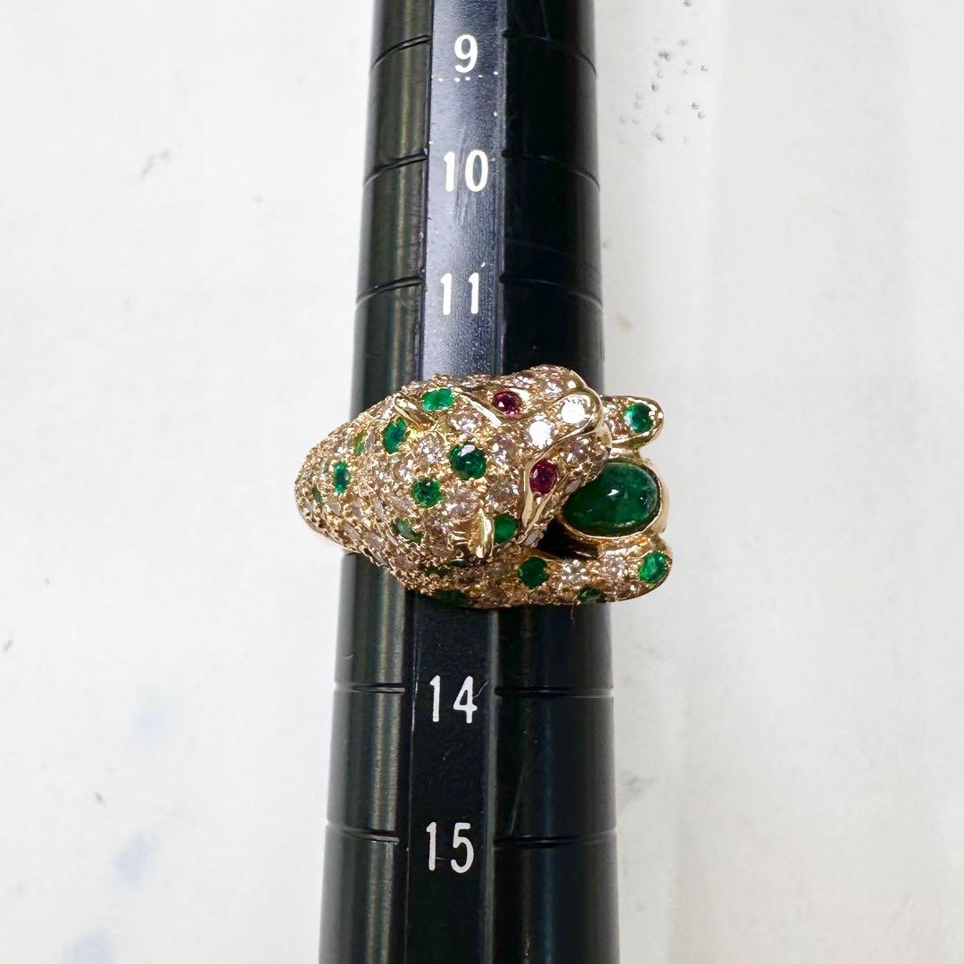 K18 エメラルド0.5ct ダイヤモンド パンサー リング 豹モチーフ 鑑別書
