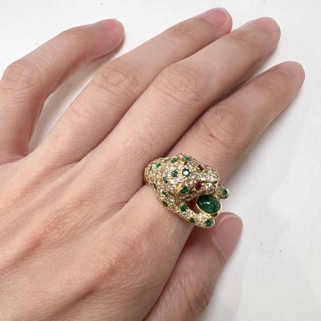 K18 エメラルド0.5ct ダイヤモンド パンサー リング 豹モチーフ 鑑別書