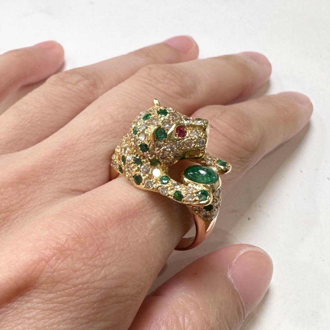 K18 エメラルド0.5ct ダイヤモンド パンサー リング 豹モチーフ 鑑別書