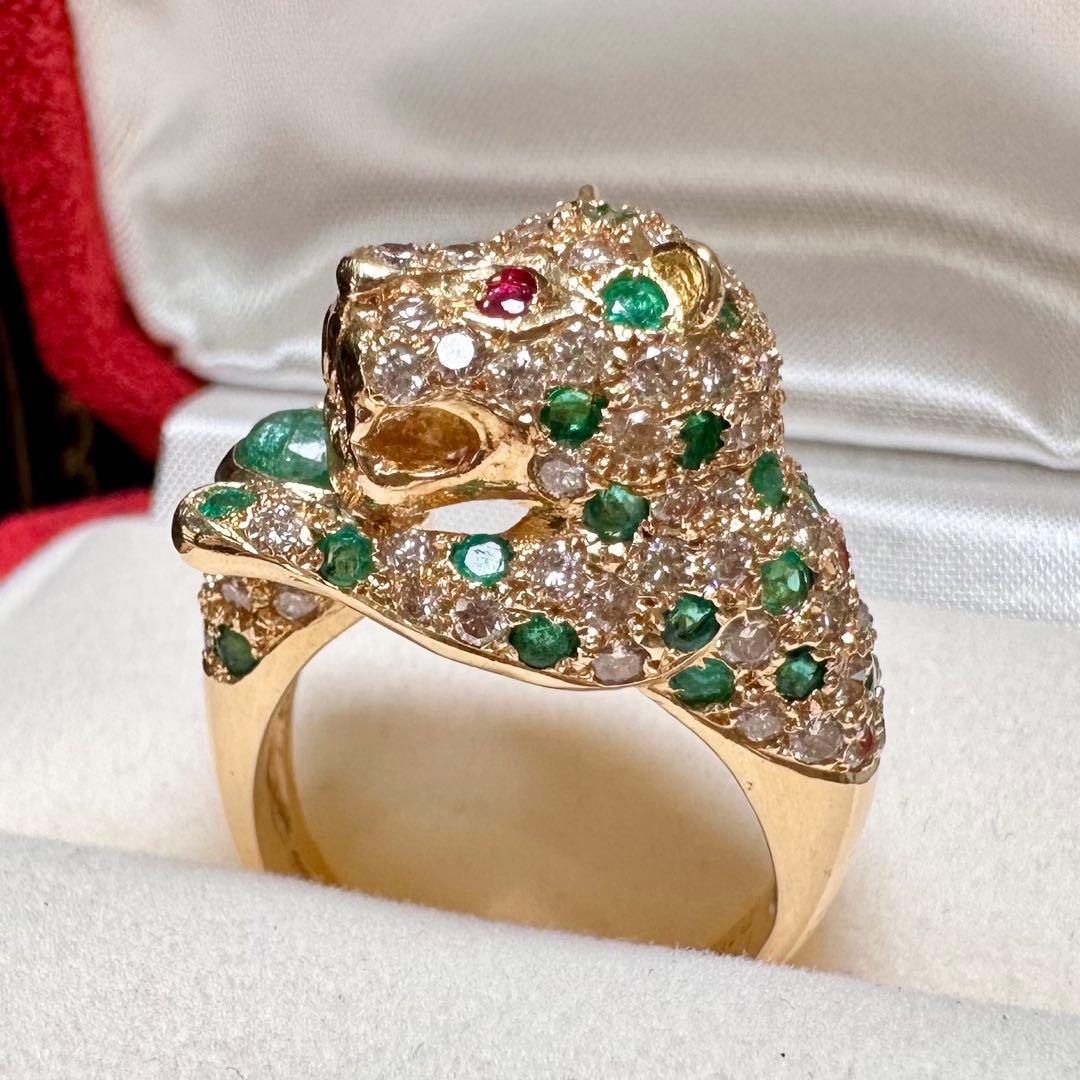 K18 エメラルド0.5ct ダイヤモンド パンサー リング 豹モチーフ 鑑別書