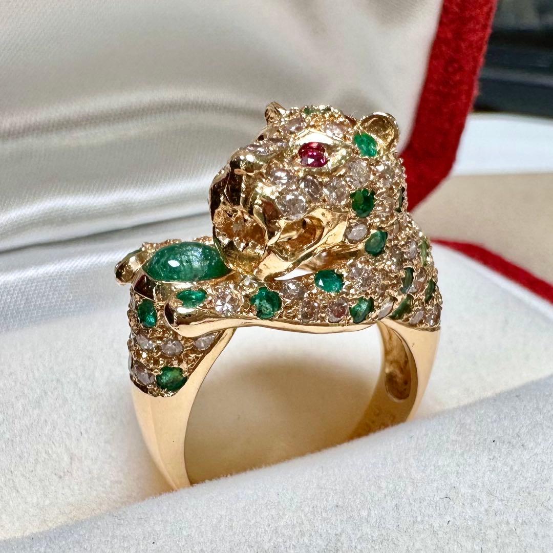 K18 エメラルド0.5ct ダイヤモンド パンサー リング 豹モチーフ 鑑別書