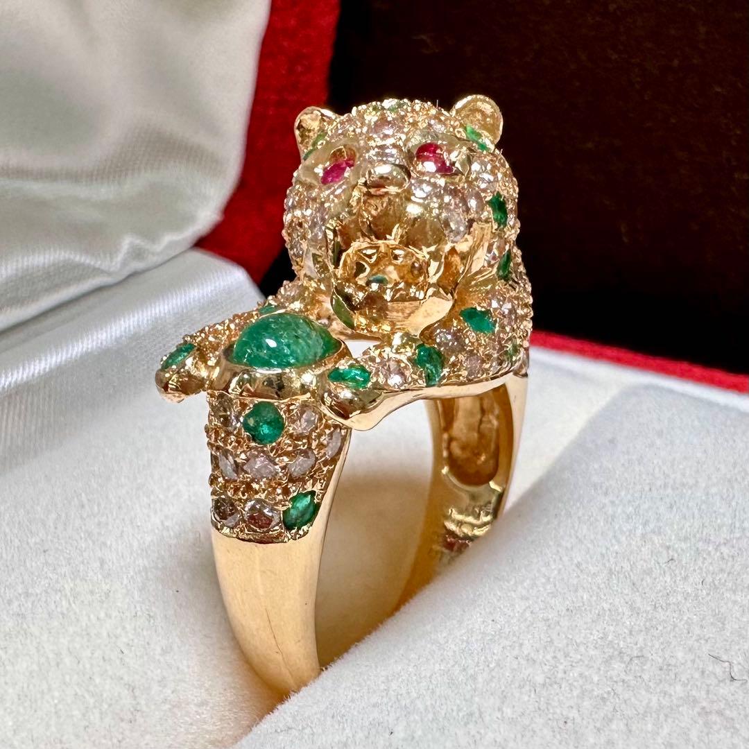 K18 エメラルド0.5ct ダイヤモンド パンサー リング 豹モチーフ 鑑別書