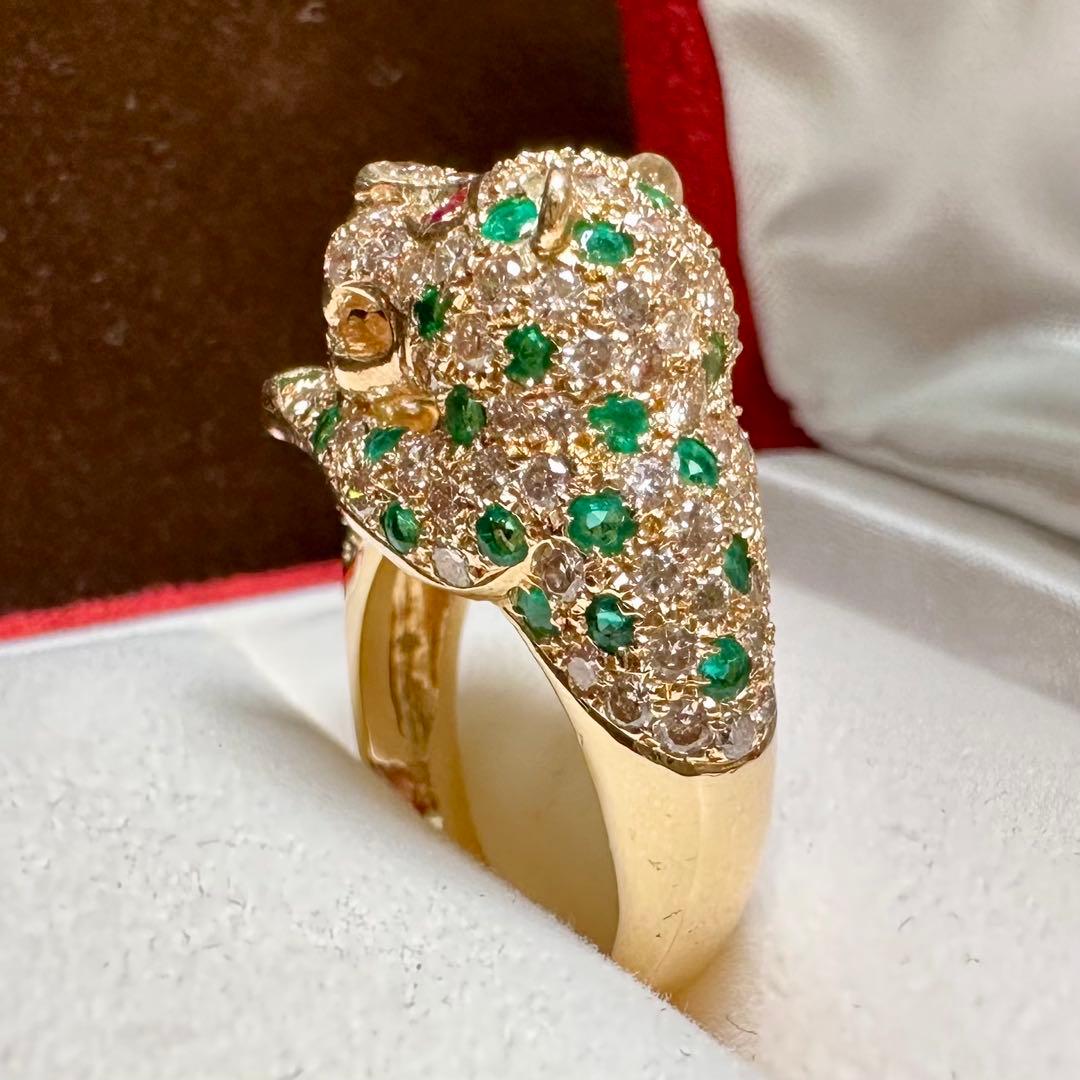 K18 エメラルド0.5ct ダイヤモンド パンサー リング 豹モチーフ 鑑別書