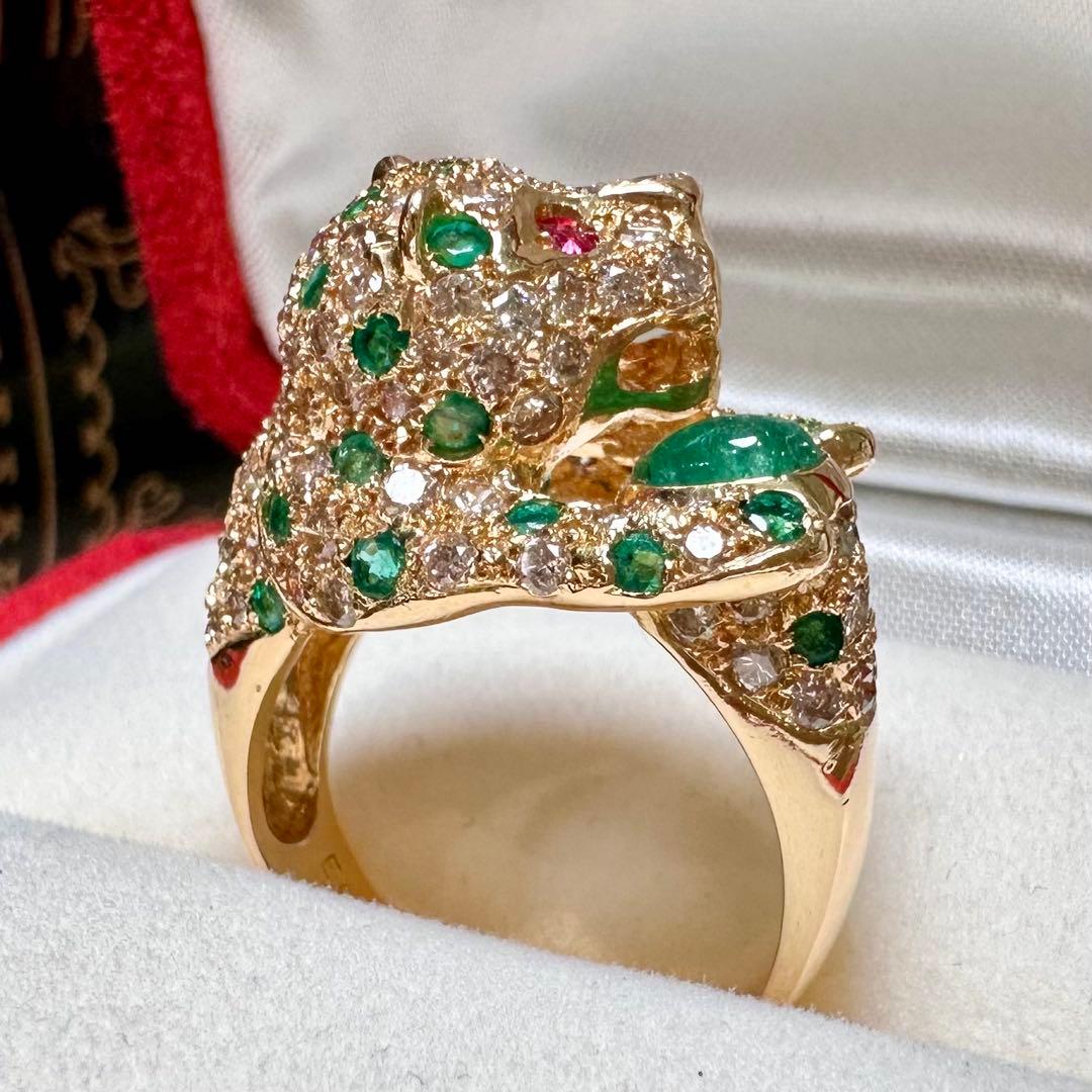 K18 エメラルド0.5ct ダイヤモンド パンサー リング 豹モチーフ 鑑別書