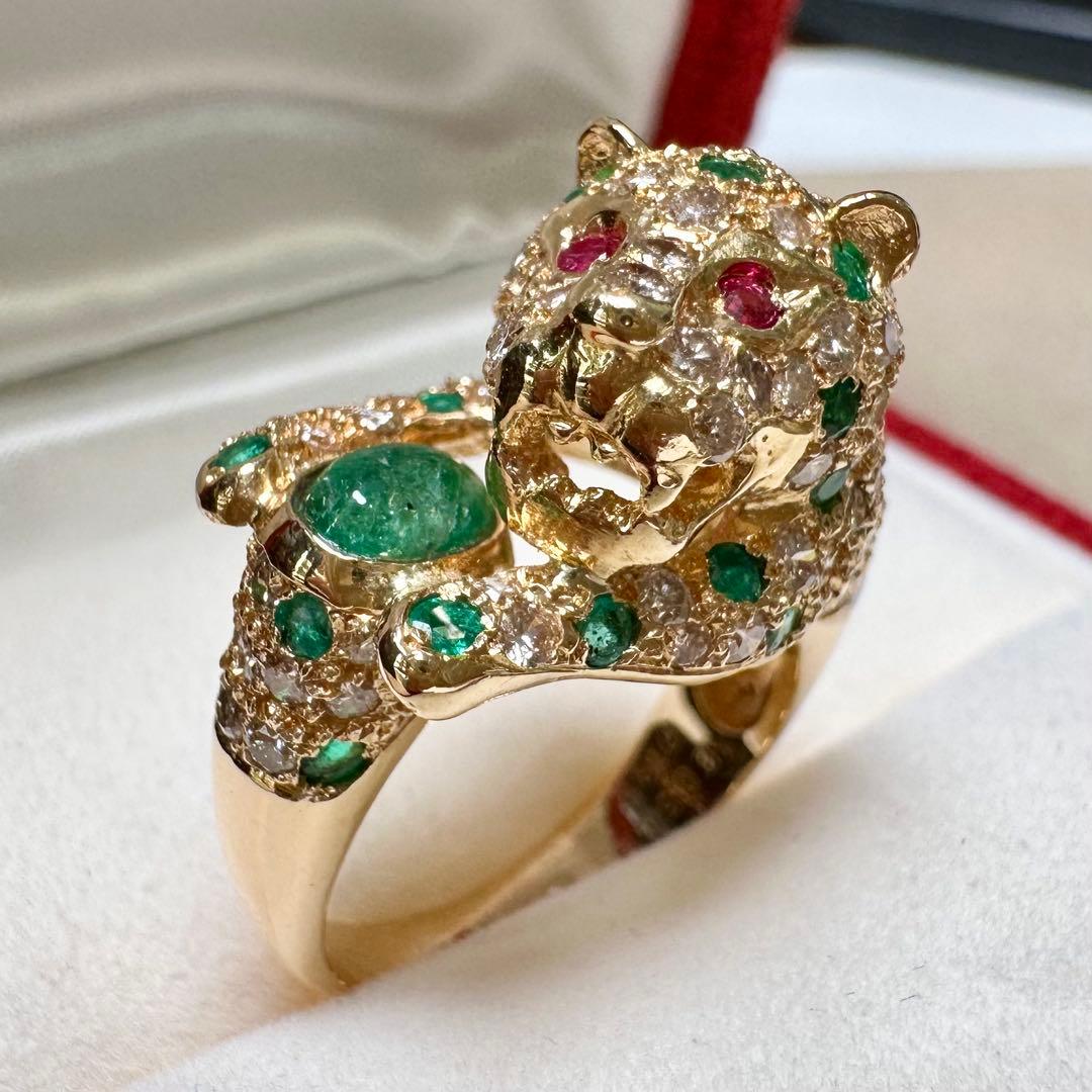 K18 エメラルド0.5ct ダイヤモンド パンサー リング 豹モチーフ 鑑別書
