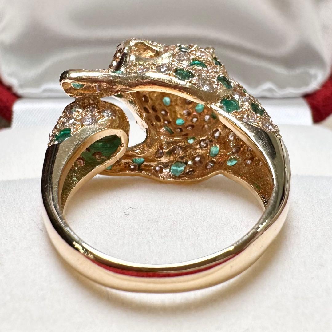 K18 エメラルド0.5ct ダイヤモンド パンサー リング 豹モチーフ 鑑別書