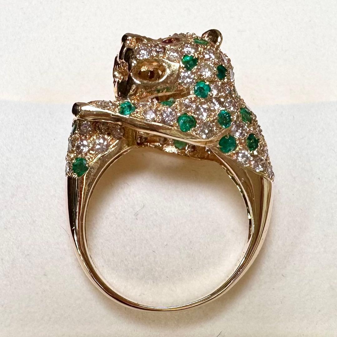 K18 エメラルド0.5ct ダイヤモンド パンサー リング 豹モチーフ 鑑別書