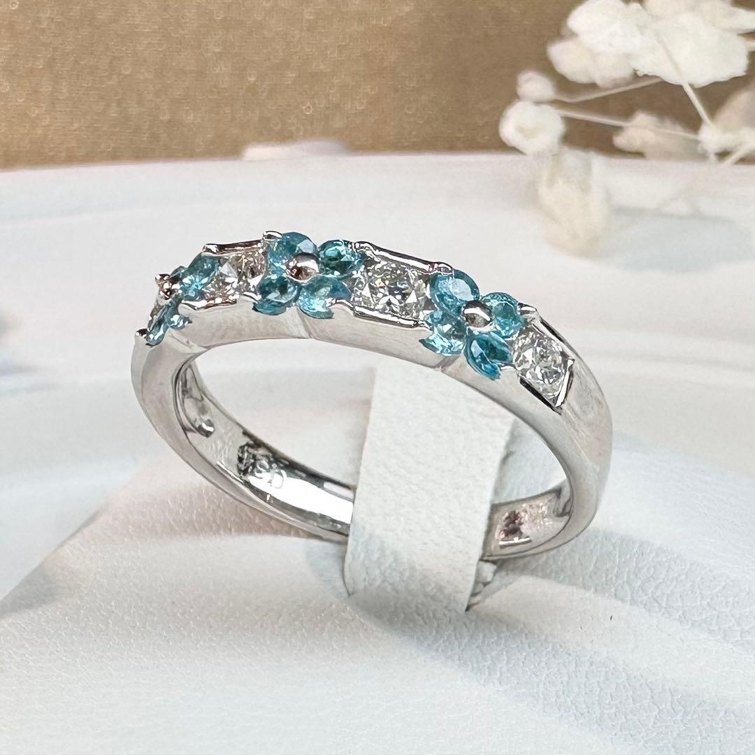 【美品】PT900 パライバトルマリン0.34ct フラワー リング