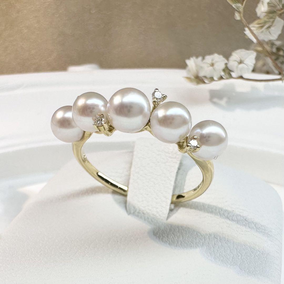 【K18】アコヤ真珠リング 4.5mm ダイヤモンド付 新品