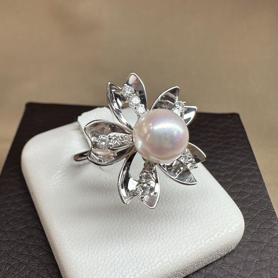 【K18WG】アコヤパールリング ダイヤモンド装飾 8.6mm珠