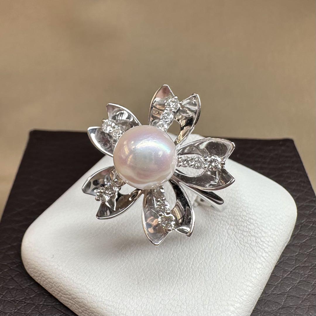 【K18WG】アコヤパールリング ダイヤモンド装飾 8.6mm珠