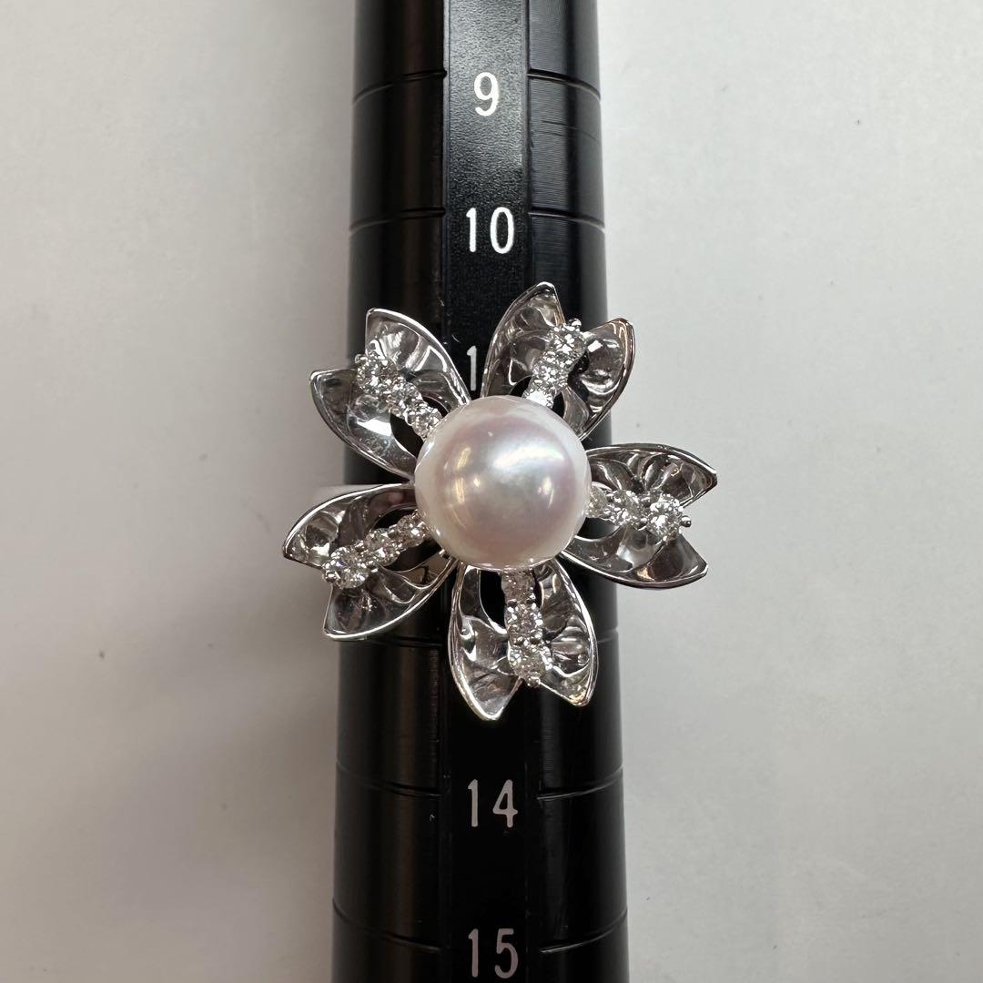 【K18WG】アコヤパールリング ダイヤモンド装飾 8.6mm珠