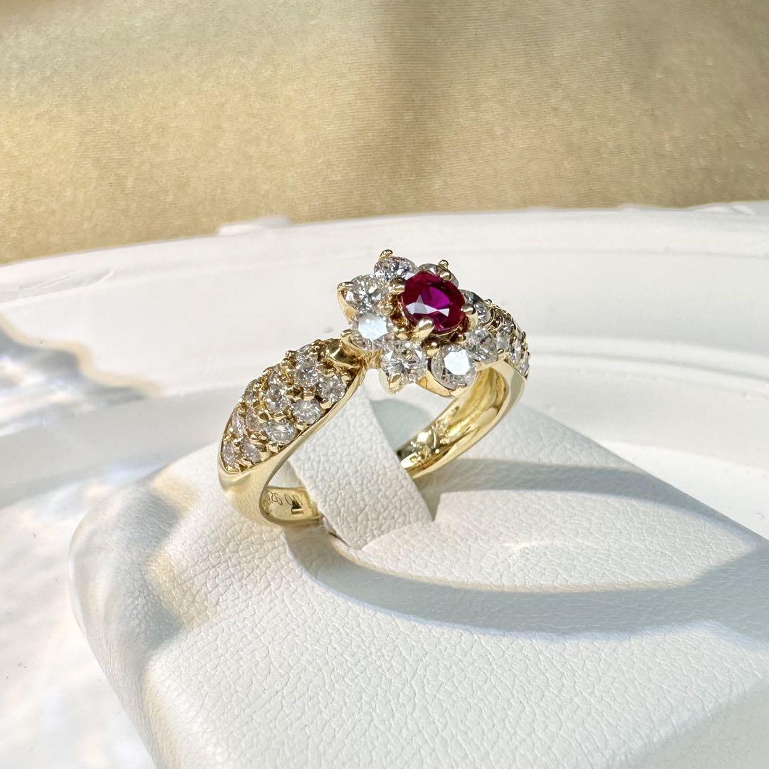 【K18】ルビー リング 0.26ct フラワー デザイン ダイヤ