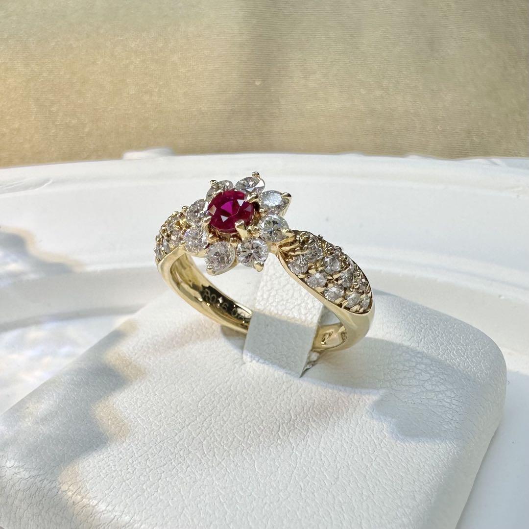 【K18】ルビー リング 0.26ct フラワー デザイン ダイヤ