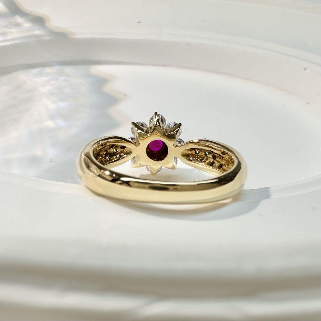 【K18】ルビー リング 0.26ct フラワー デザイン ダイヤ