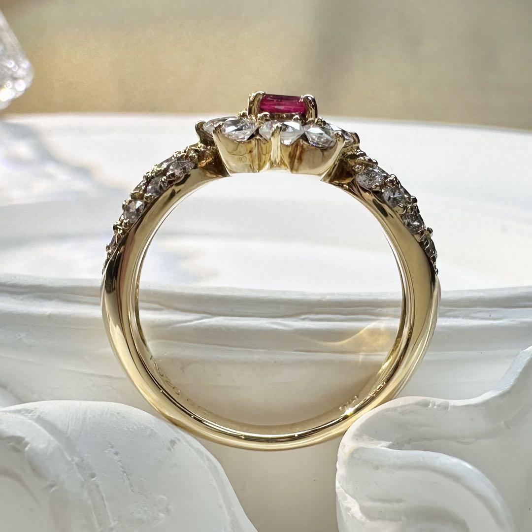 【K18】ルビー リング 0.26ct フラワー デザイン ダイヤ