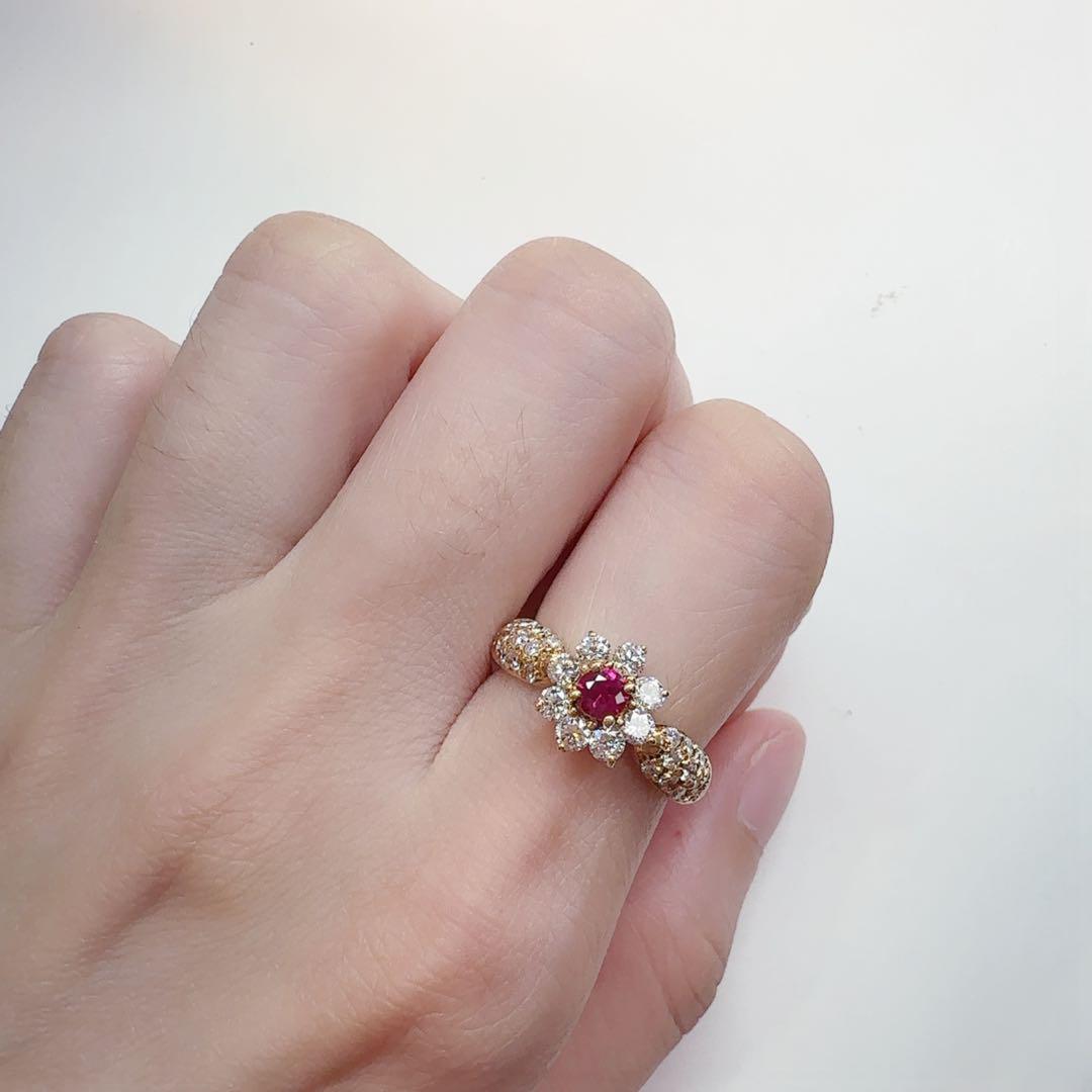 【K18】ルビー リング 0.26ct フラワー デザイン ダイヤ