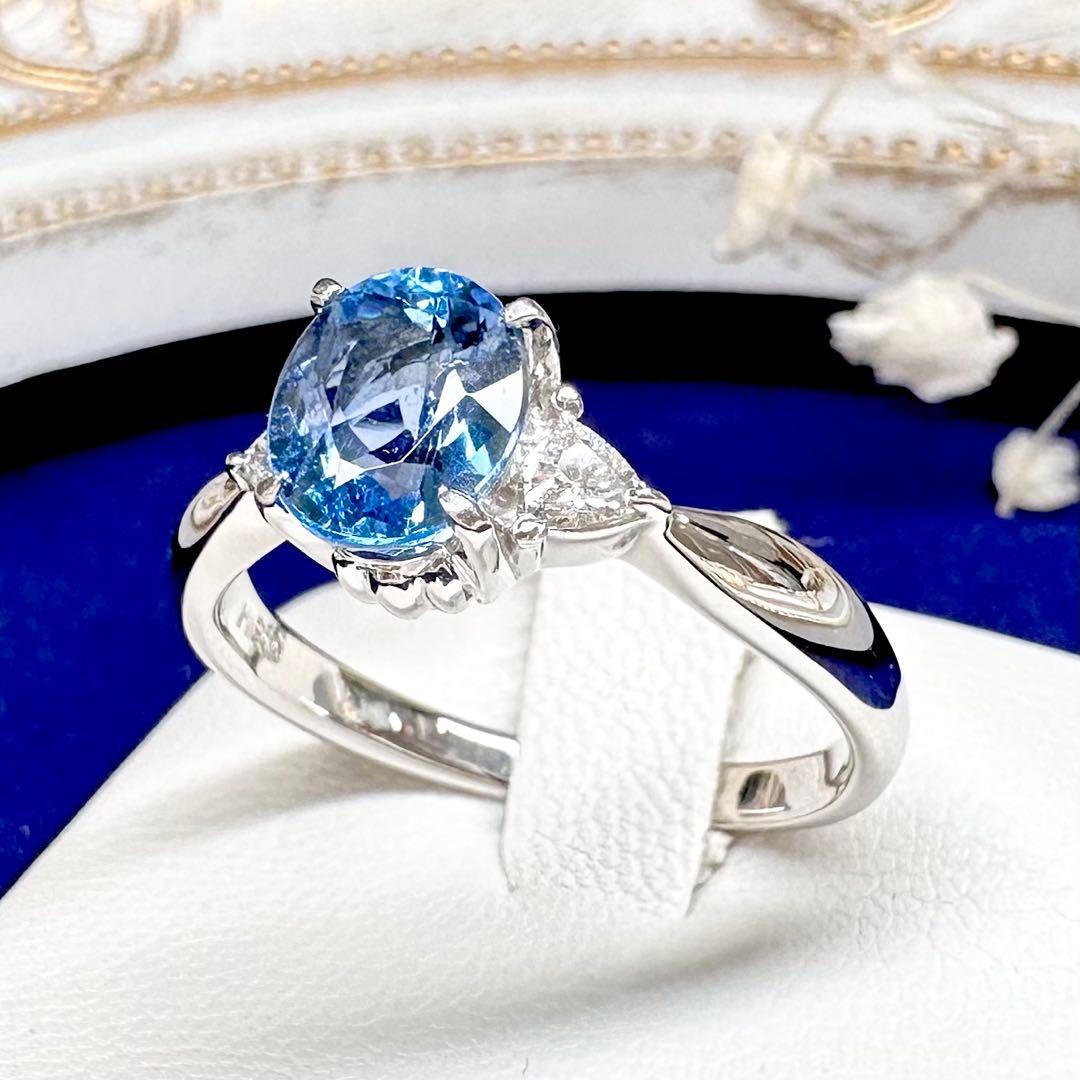PT900 アクアマリン 1.25ct ダイヤモンドリング 昭和レトロ