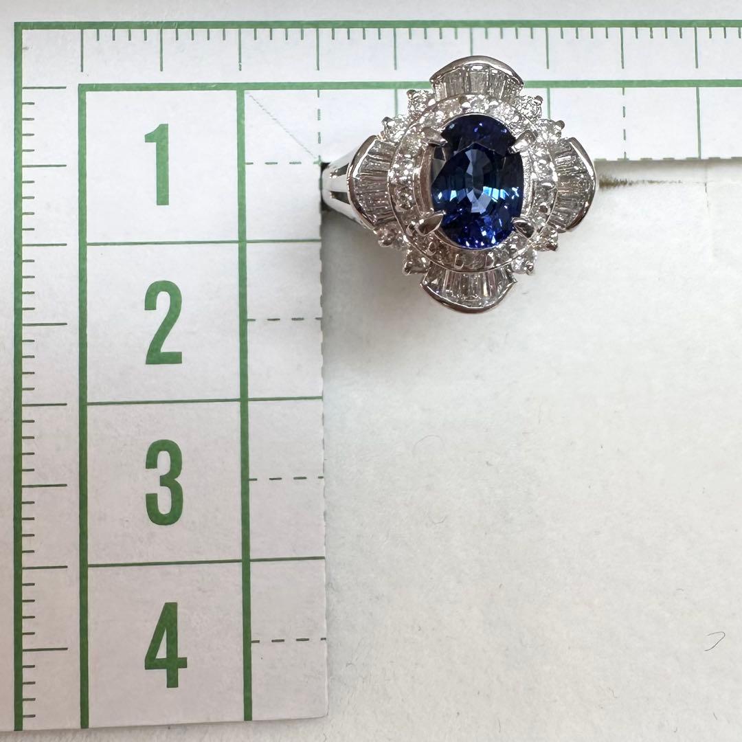PT900 サファイア 1.35ct バゲットダイヤ 取り巻きリング