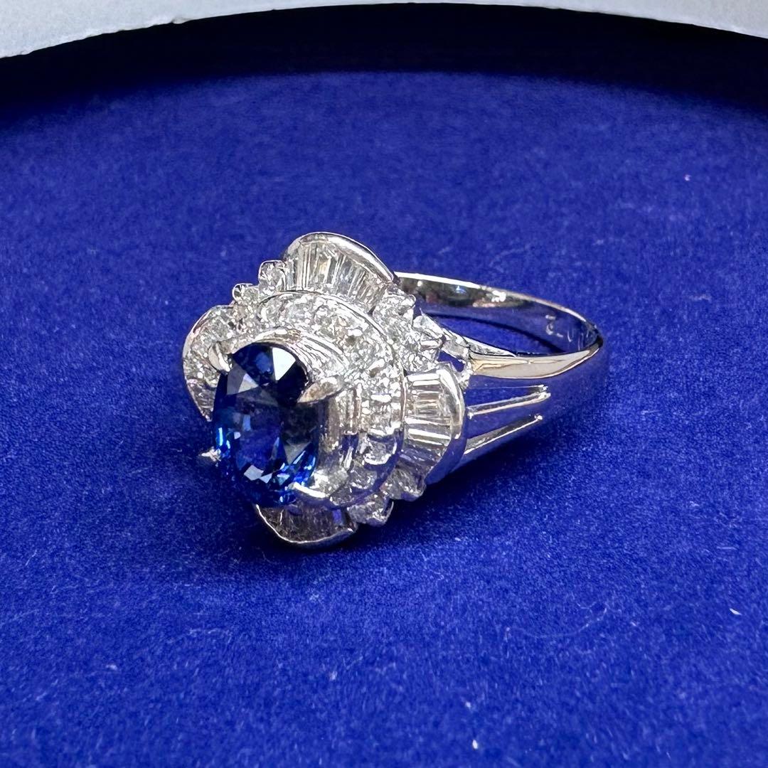 PT900 サファイア 1.35ct バゲットダイヤ 取り巻きリング