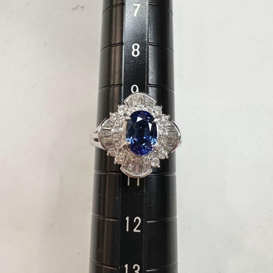 PT900 サファイア 1.35ct バゲットダイヤ 取り巻きリング