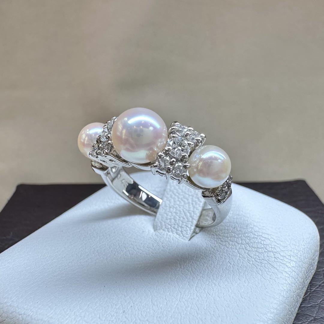 【美品】PT900 パールリング 5.0〜6.5mm真珠 ダイヤモンド付き