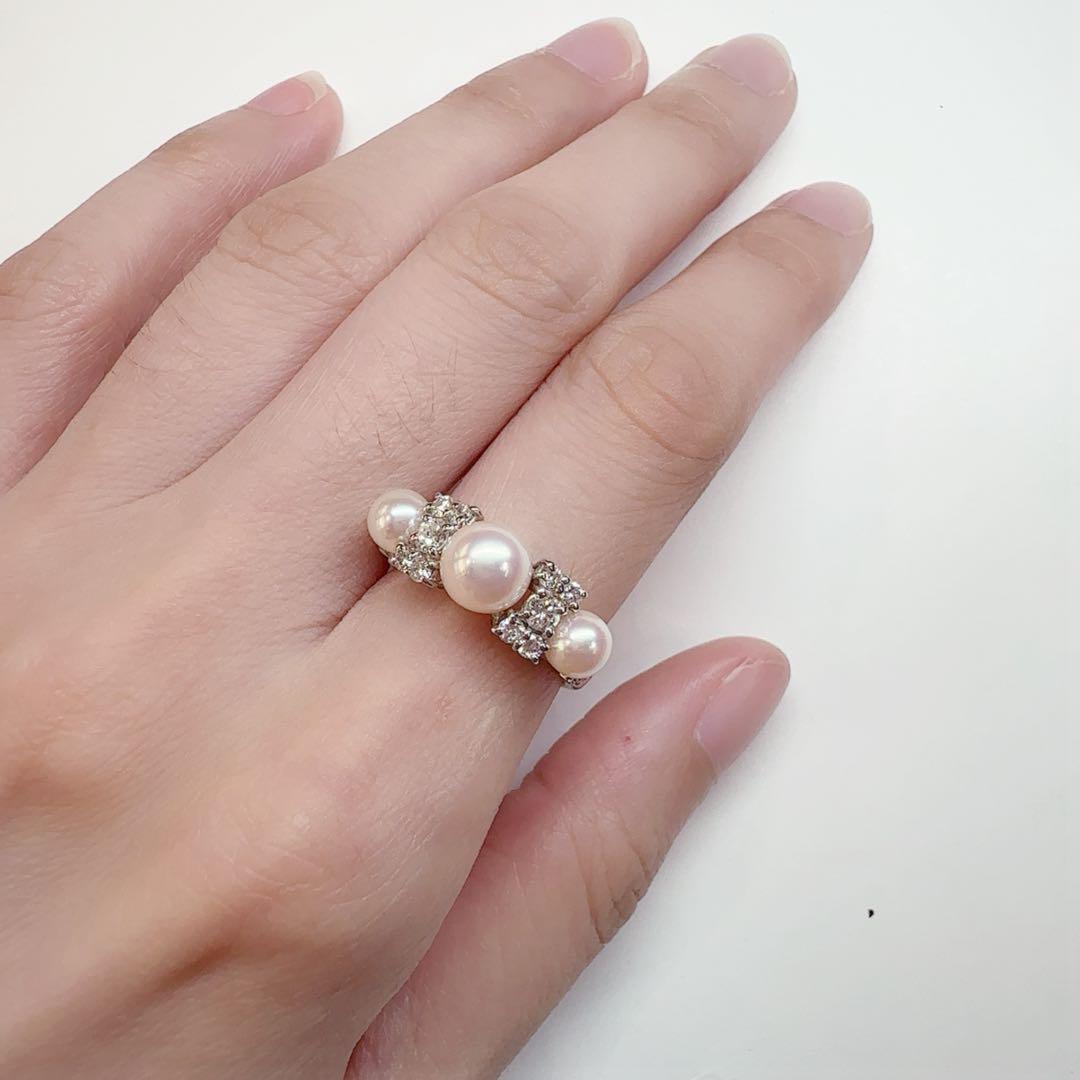 【美品】PT900 パールリング 5.0〜6.5mm真珠 ダイヤモンド付き