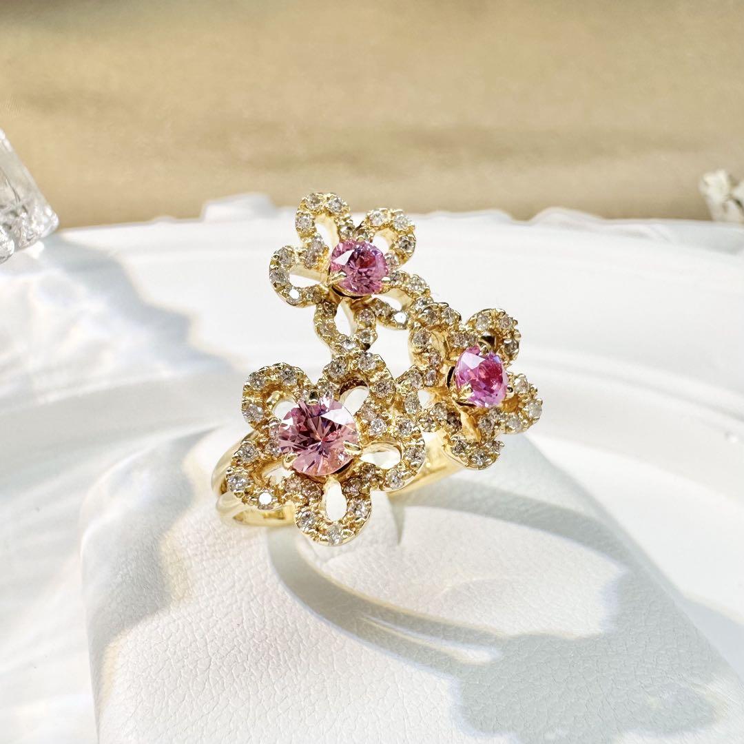 【K18】ピンクサファイア 0.93ctリング フラワーリング ダイヤ