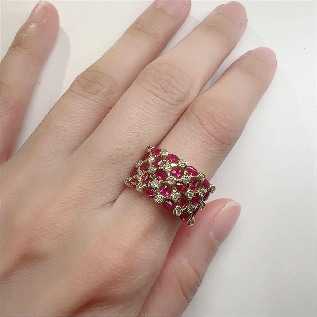 【K18】ルビー 2.18ct パヴェリング ワイドデザイン